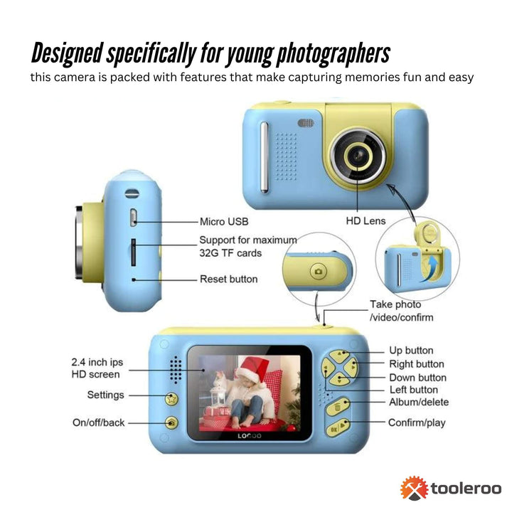 Kids HD Digital Camera Blue - Children's Selfie Photo Video 2.4 Inch Screen