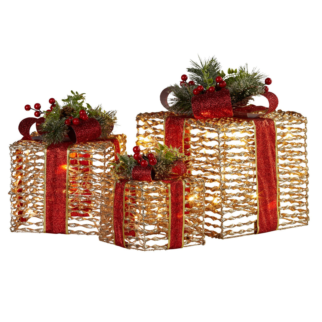 Swishmas Set Of 3 Christmas Gift Boxes With Lights - Champagne With Red Bows