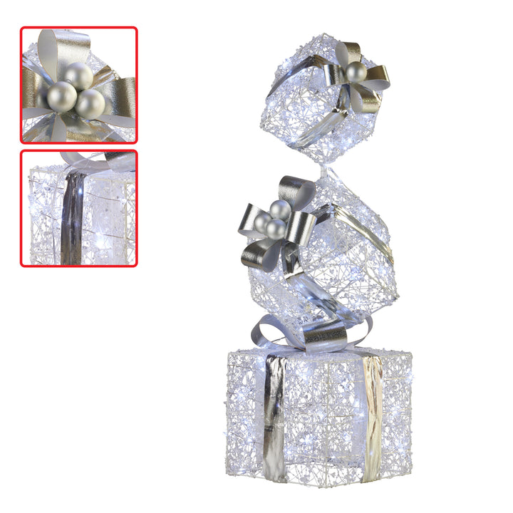 Swishmas 83cm Triple Christmas Silver Giftbox Stack Display with Lights