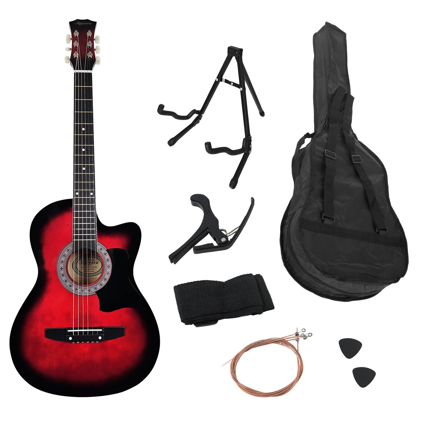 Karrera 38in Pro Cutaway Acoustic Guitar with guitar bag - Red Burst