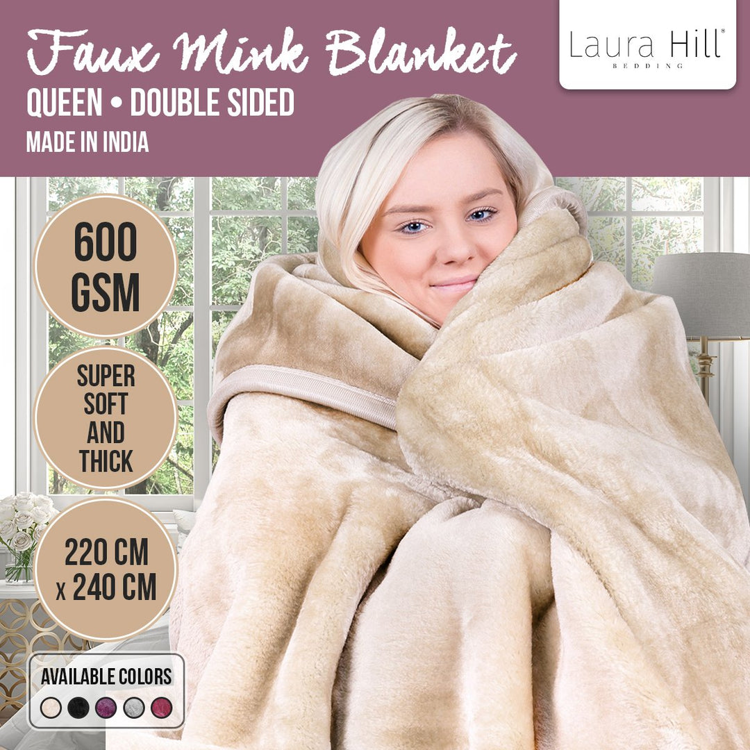 Laura Hill Mink Blanket Double Sided 600GSM Queen Size Beige