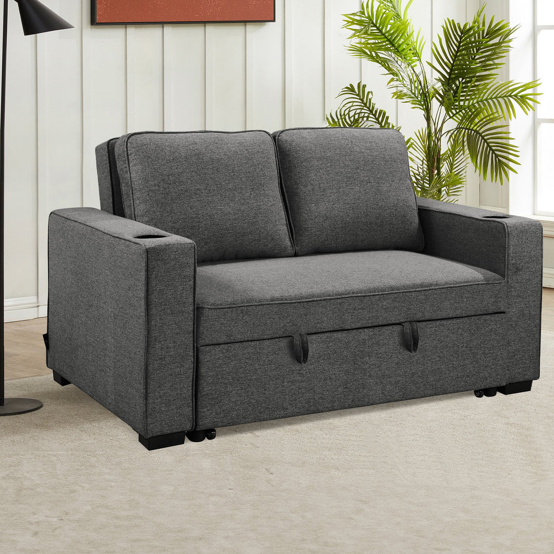 Sarantino Hoffman Linen Dark Grey Convertible Sofa Bed Couch Lounge With Cushions Cupholders Scandinavian-style Wooden Frame And Legs