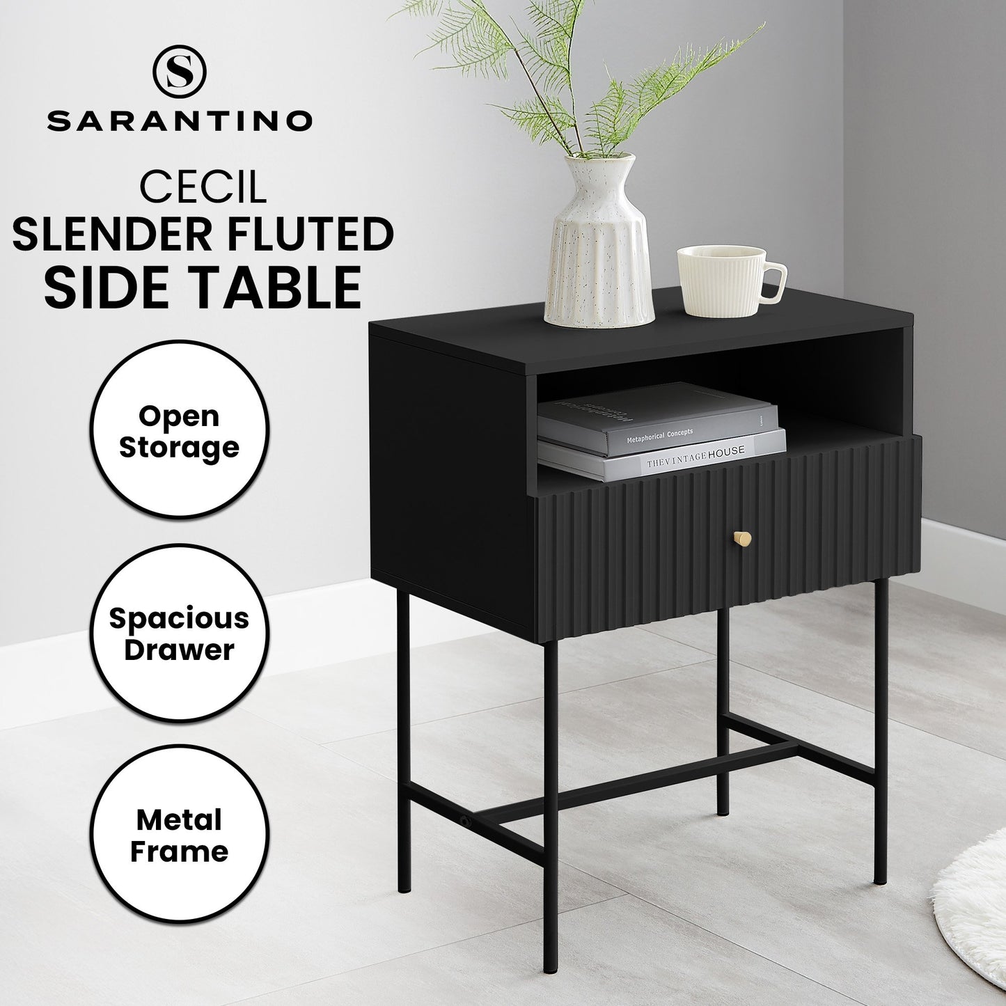 Sarantino Cecil Slender Fluted Bedside Table in Black