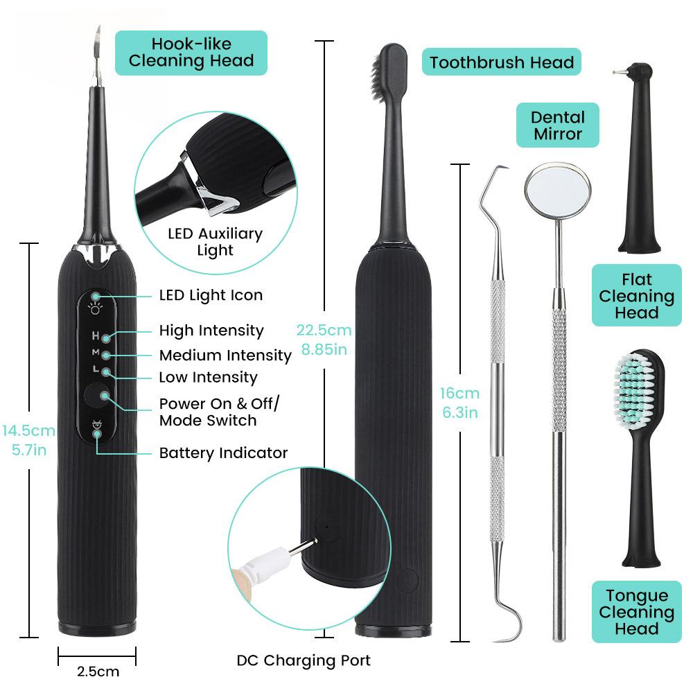 High Frequency Electric Ultrasonic Dental Tartar Plaque Calculus Tooth Remover Set Kits Cleaner with LED Screen Black