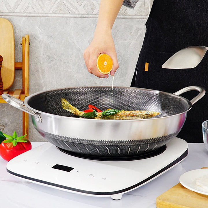 Double Ear 304 Stainless Steel 38cm Non-Stick Stir Fry Cooking Kitchen Wok Pan with Lid Honeycomb Double Sided