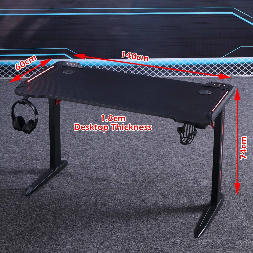 140cm RGB Gaming Desk Home Office Carbon Fiber Led Lights Game Racer Computer PC Table L-Shaped Black