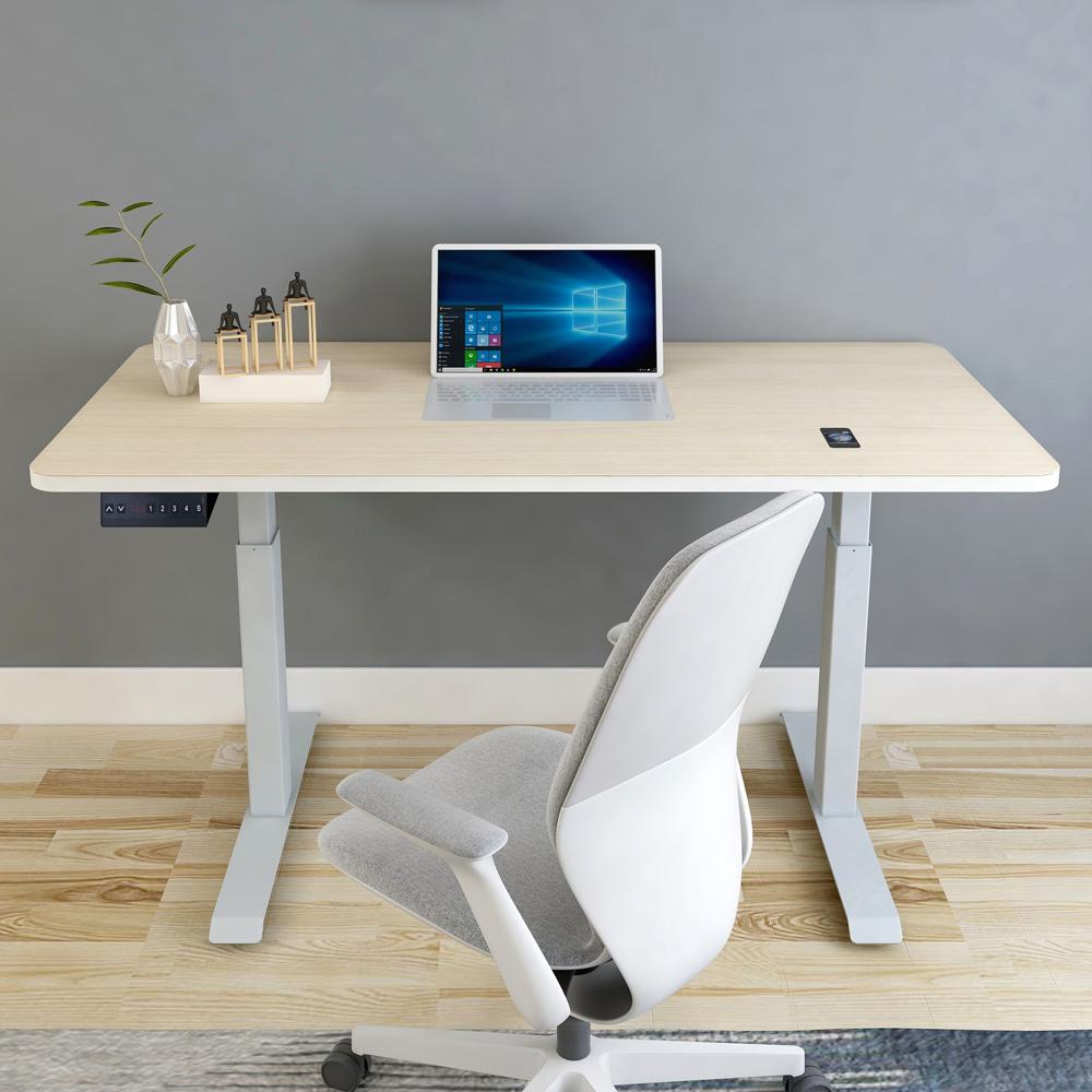 140cm Standing Desk Height Adjustable Sit Stand Motorised White Dual Motors Frame Maple Top