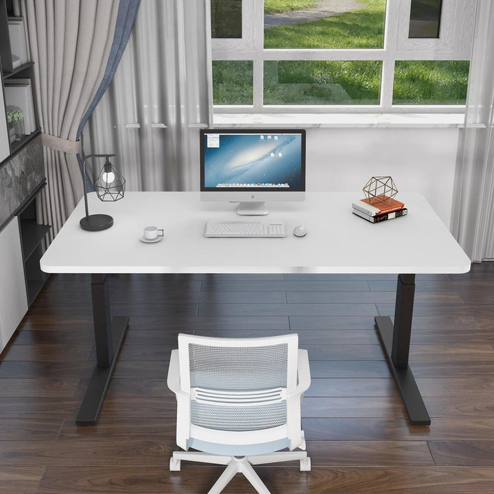 140cm Standing Desk Height Adjustable Sit Stand Motorised White Dual Motors Frame Maple Top