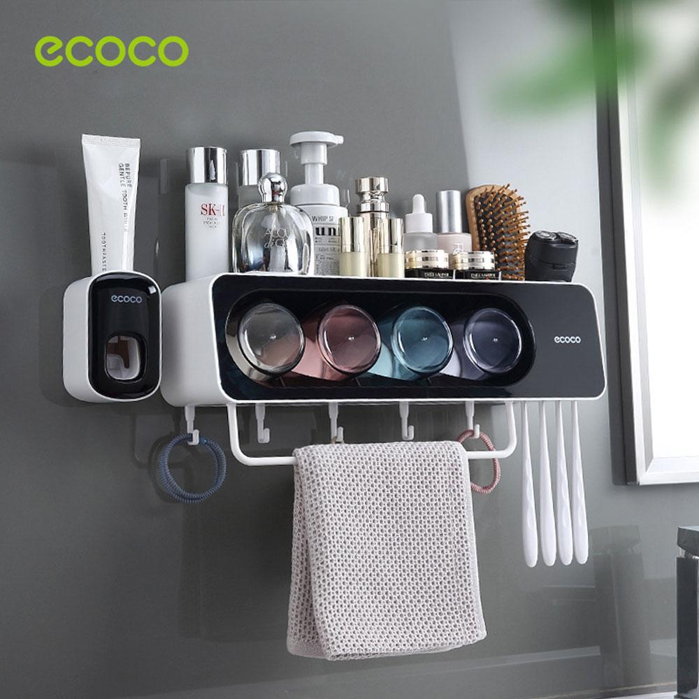 Ecoco Wall-Mounted Toothbrush Holder with 4 Cups and 4 Toothbrush Slots Toiletries Bathroom Storage Rack Black