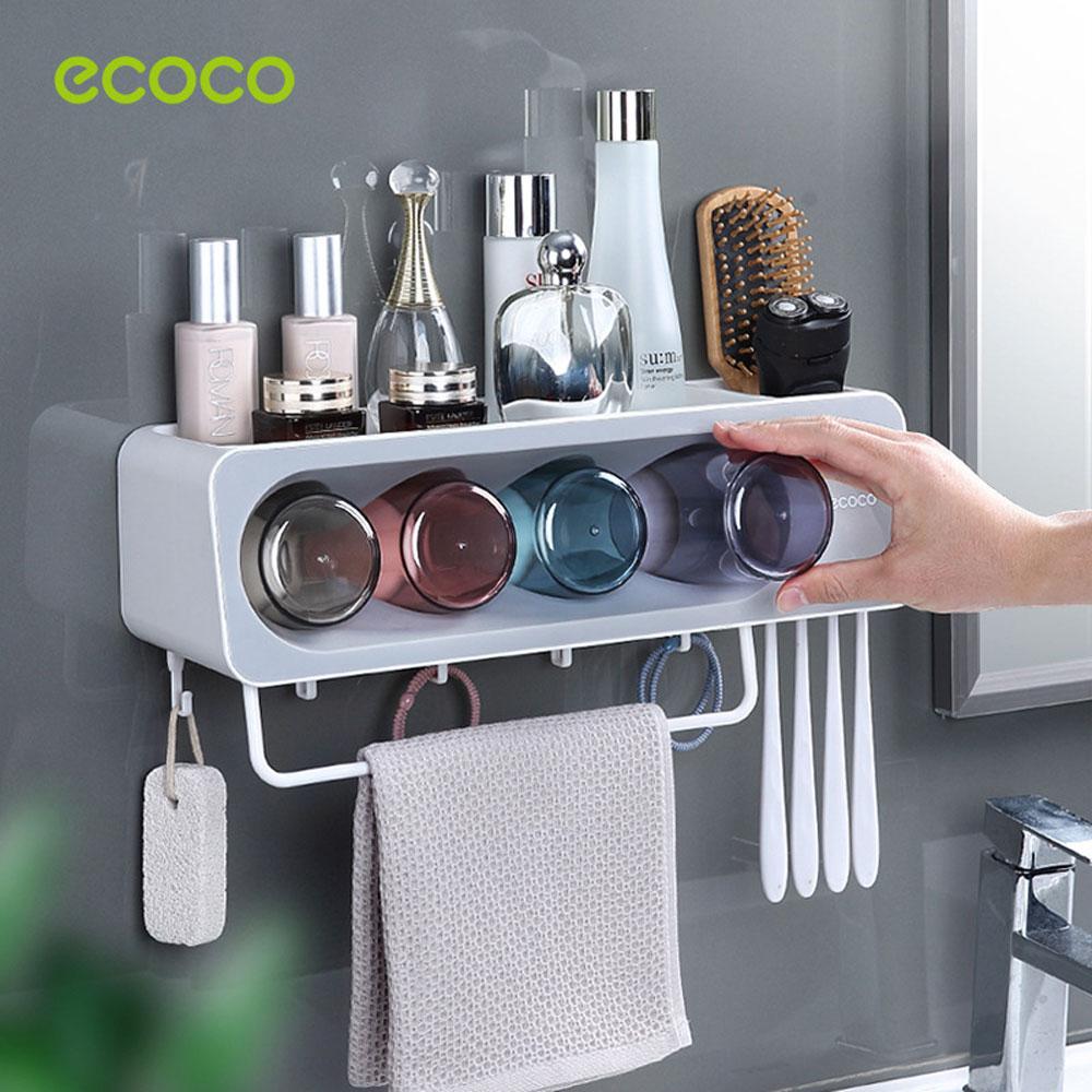 Ecoco Wall-Mounted Toothbrush Holder with 4 Cups and 4 Toothbrush Slots Toiletries Bathroom Storage Rack Grey