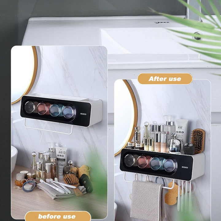 Ecoco Wall-Mounted Toothbrush Holder with 4 Cups and 4 Toothbrush Slots Toiletries Bathroom Storage Rack Grey