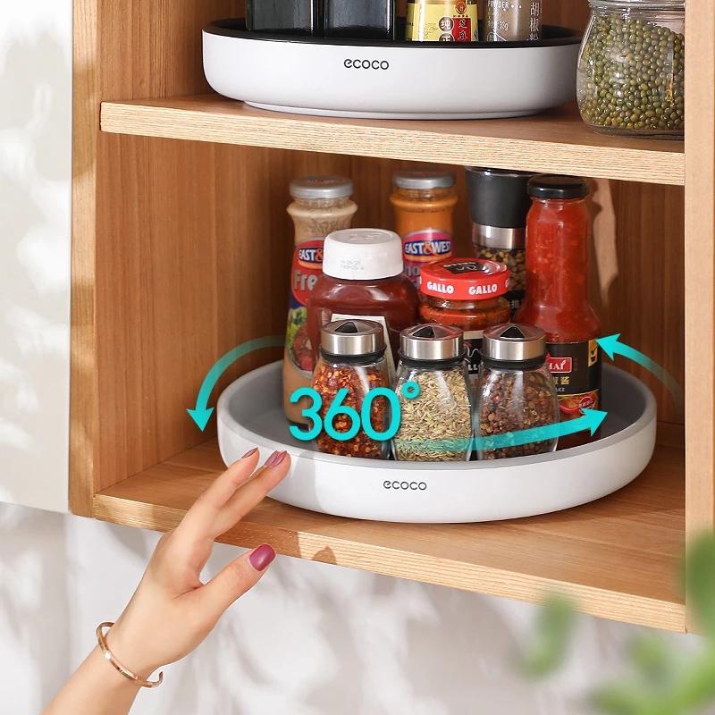 Ecoco Kitchen Rotating Spice Condiment Storage Rack Bathroom Swivel Tray Organizer Grey