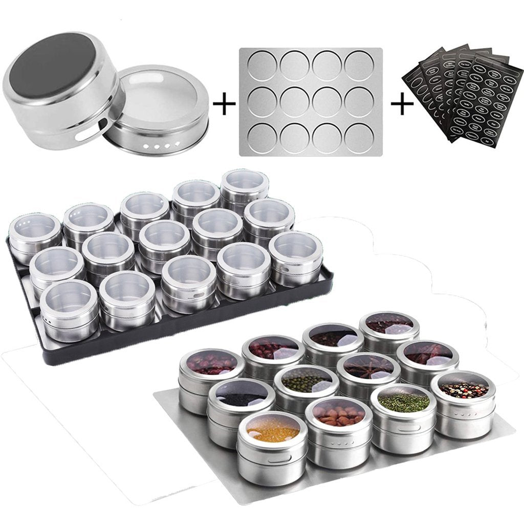 12 pcs Magnetic Spice Jars Containers Spice Tins Wall Mounted Stainless Steel Base New