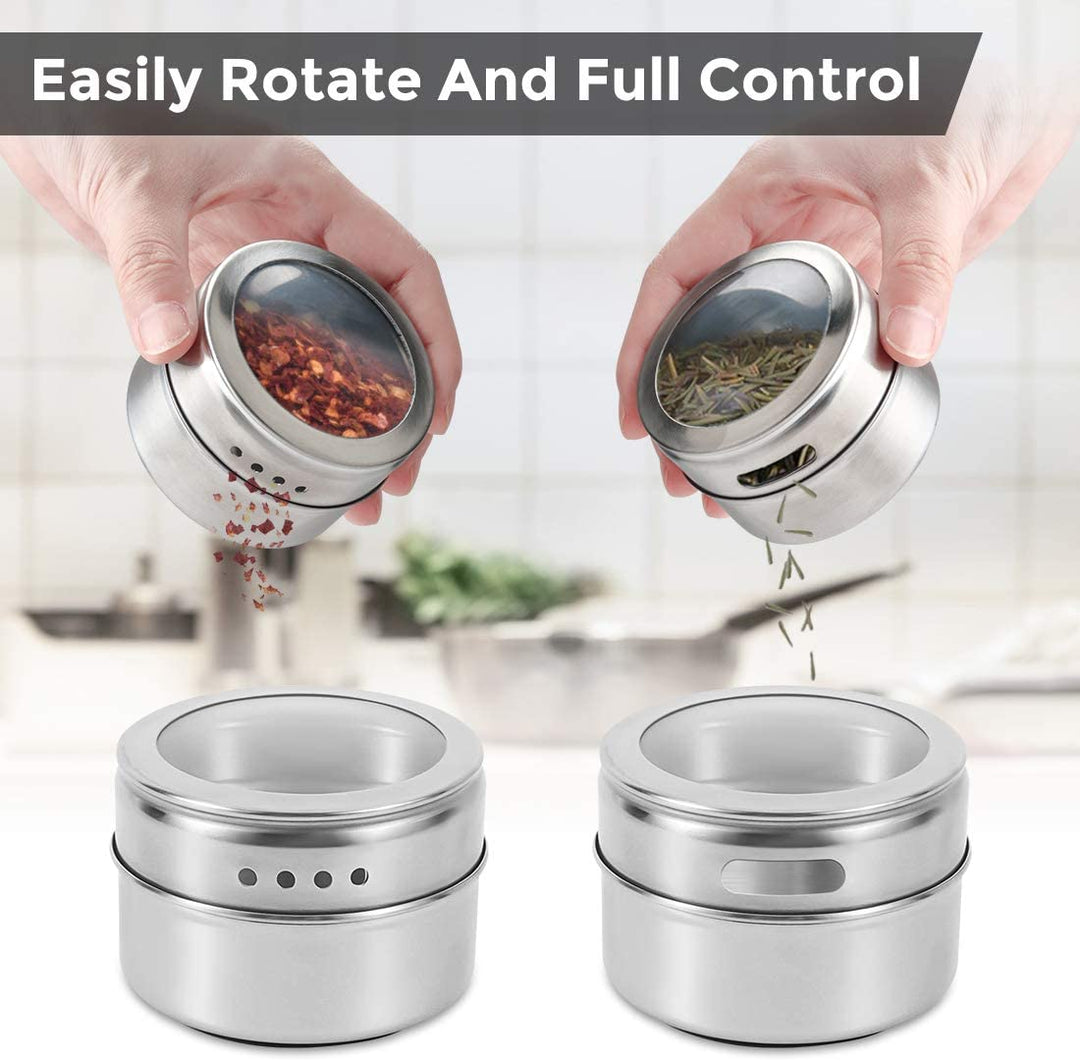 12 pcs Magnetic Spice Jars Containers Spice Tins Wall Mounted Stainless Steel Base New