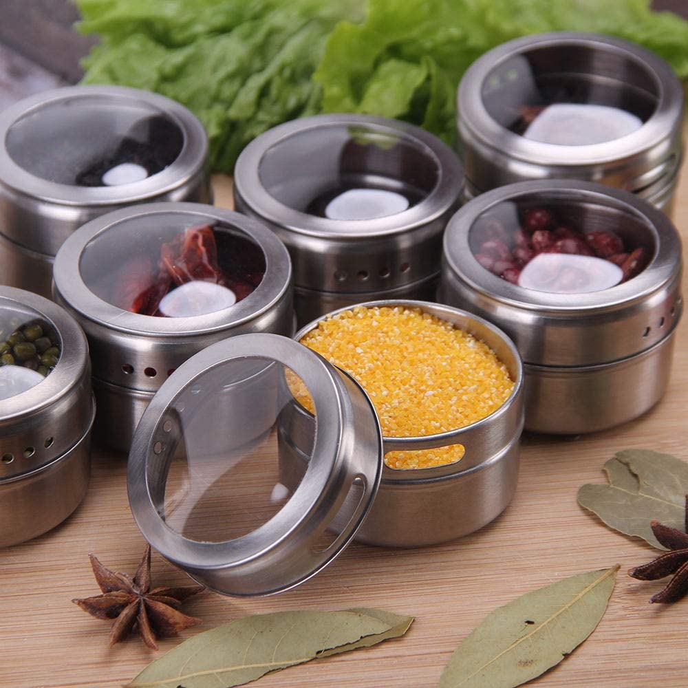 12 pcs Magnetic Spice Jars Containers Spice Tins Wall Mounted Stainless Steel Base New