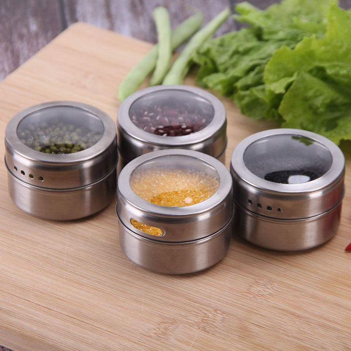 Magnetic Spice Jars Containers Spice Tins Wall Mounted Stainless Steel Base New 12PCS