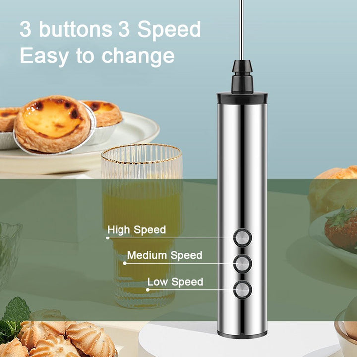 USB Charging Electric Egg Beater Milk Frother Handheld Drink Coffee Foamer Silver with 3 Stainless Steel Whisks