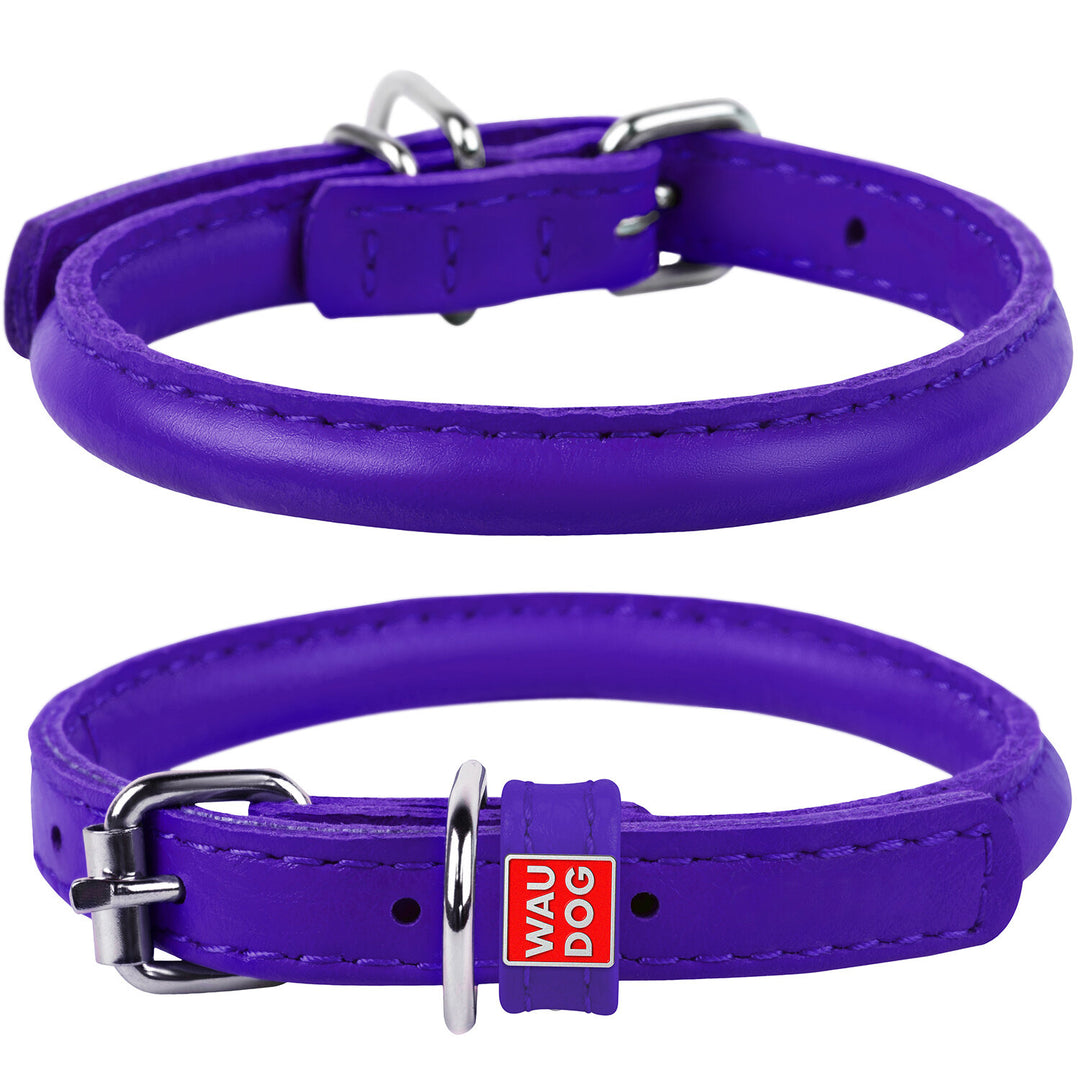 Waudog Leather Round Dog Collar  25-33CM PURPLE