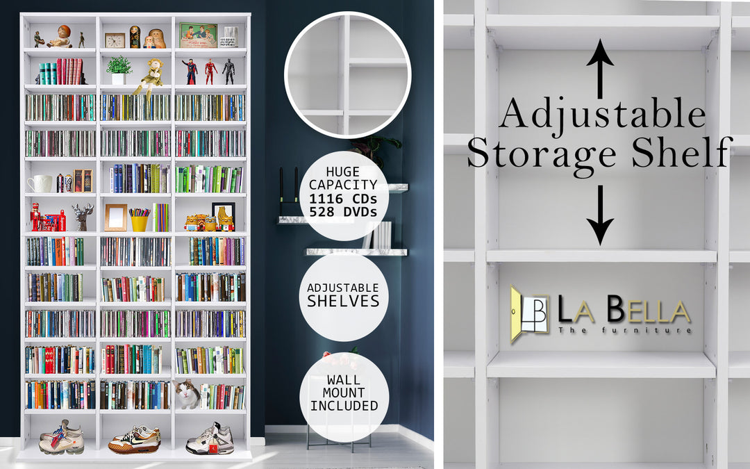 Adjustable Shelves CD DVD Bluray Media Book Storage Cupboard WHITE