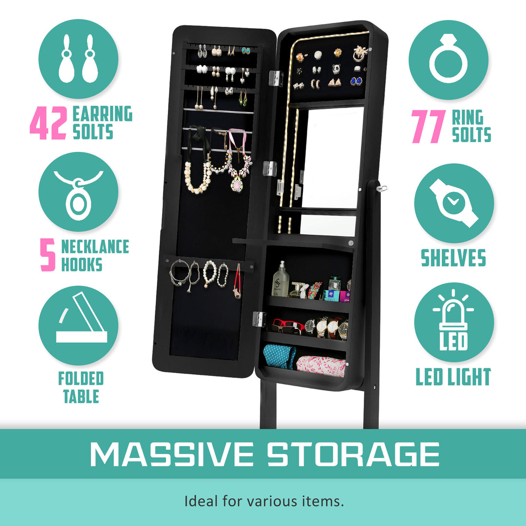 Mirror Jewellery Cabinet Organiser LED 146cm BLACK