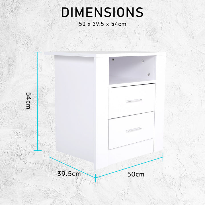 Bedside Table Side Storage Cabinet Nightstand Bedroom 2 Drawer 1 Shelf ZURI WHITE