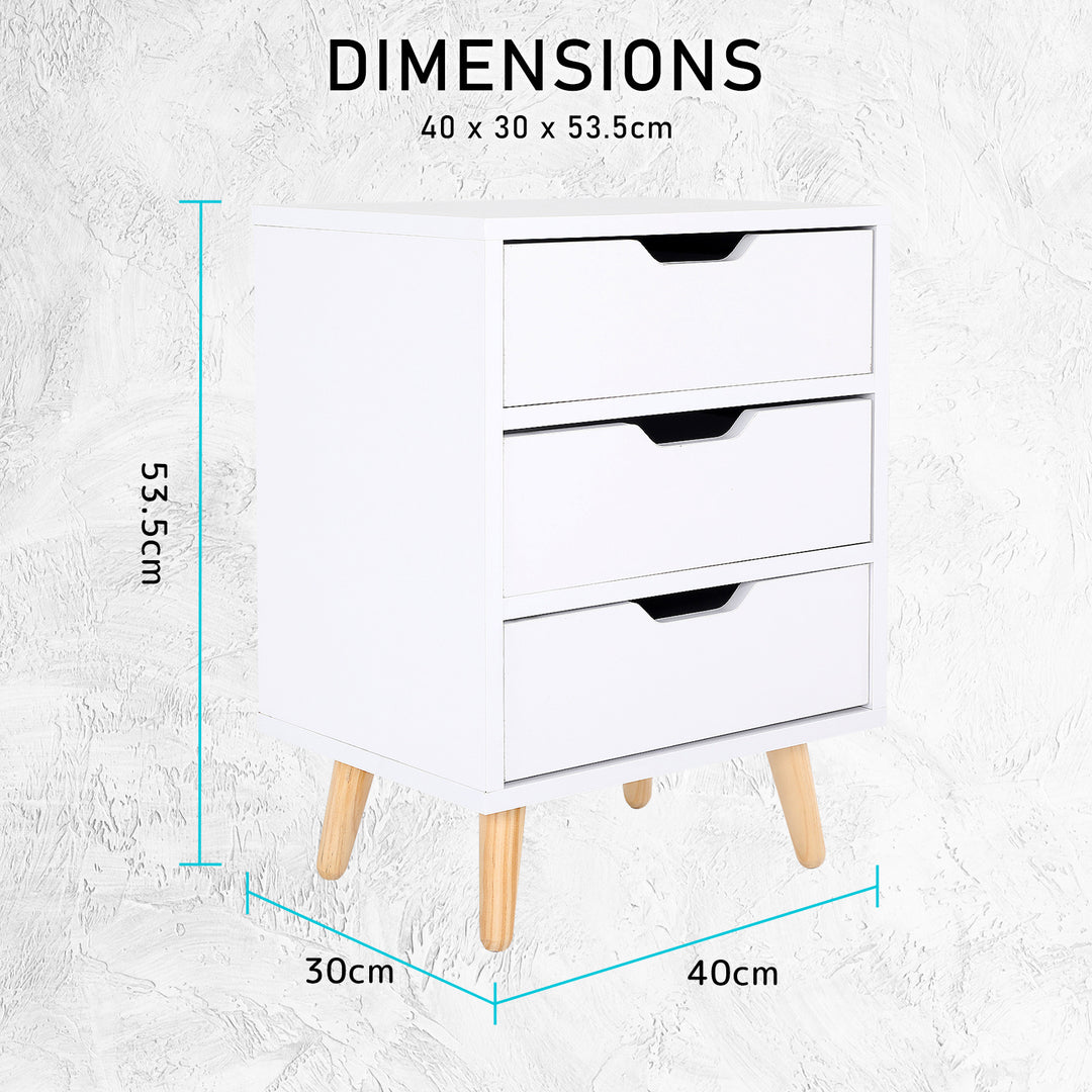 2X Bedside Table 3 Drawer Wood Leg Storage Cabinet Nightstand LACY WHITE