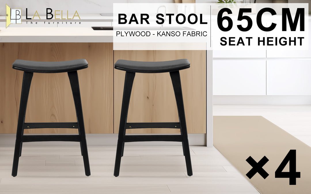 4X Wooden Bar Stool Padded PU Leather Dining Chair KANSO 65cm BLACK