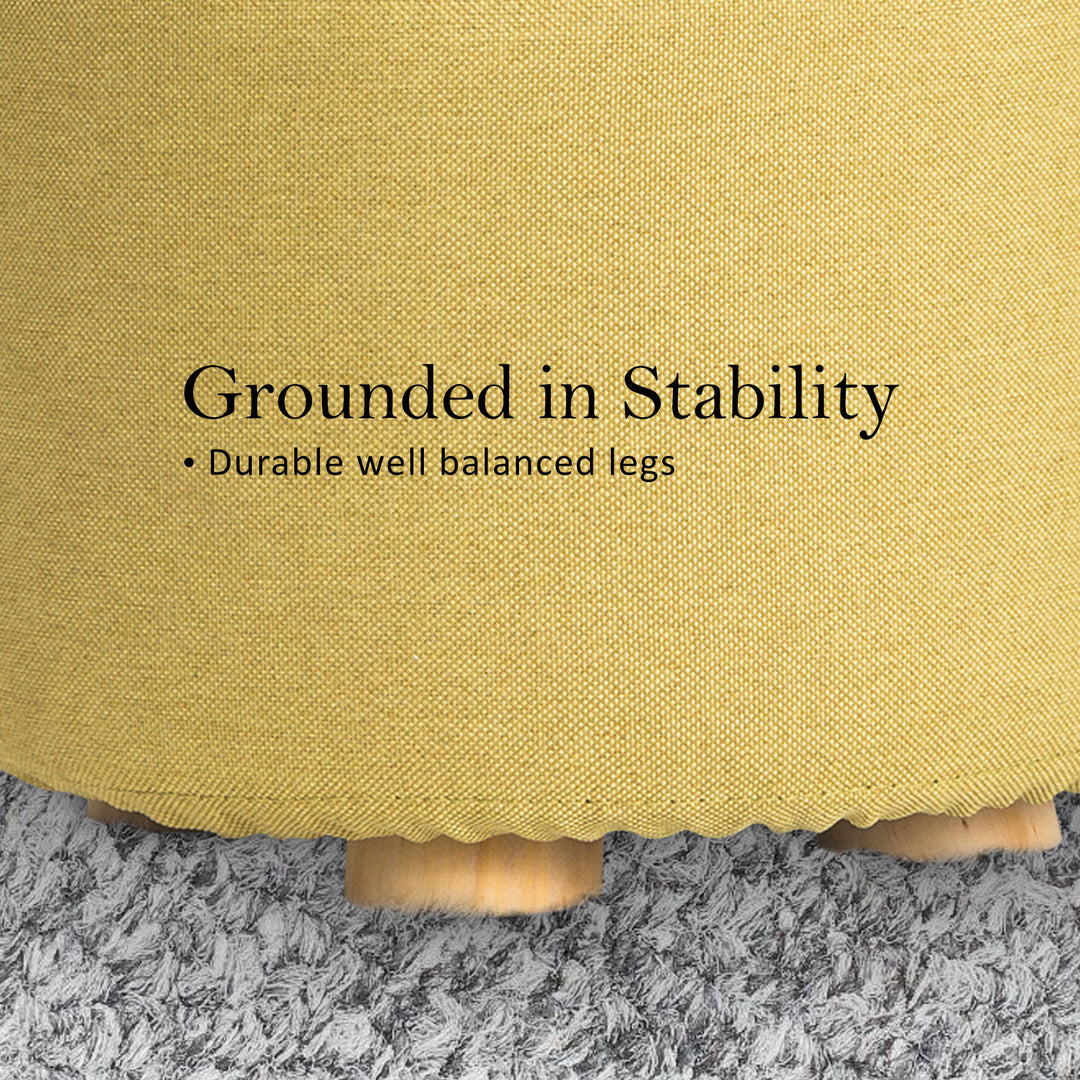 Fabric Ottoman Round Wooden Leg Foot Stool - MUSTARD YELLOW