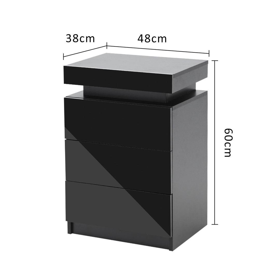 Bedside Table 3 Drawers RGB LED Bedroom Cabinet Nightstand Gloss GLORY BLACK