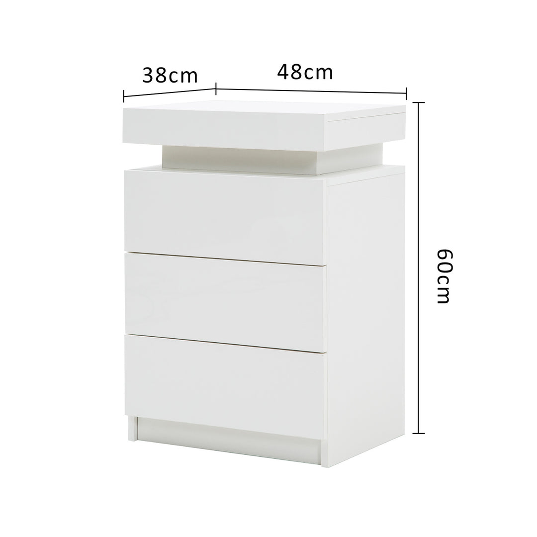 2X Bedside Table 3 Drawers RGB LED Bedroom Cabinet Nightstand Gloss GLORY WHITE