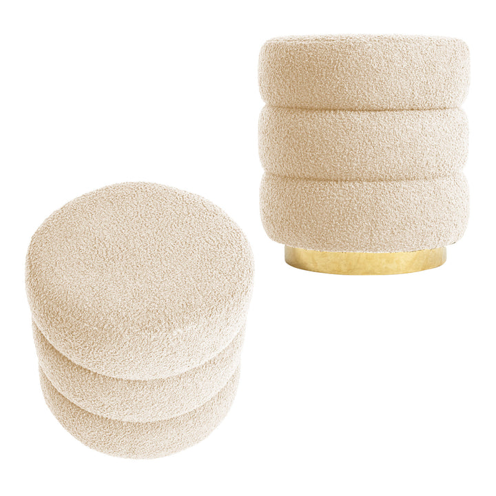 2X Round Stacked Ottoman Stool Teddy Fleece Fabric Foot Rest 38cm BEIGE