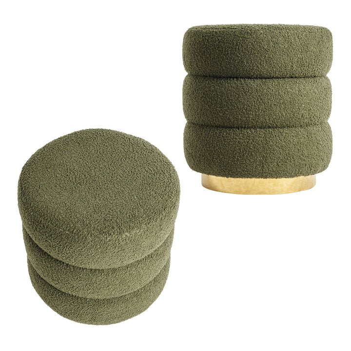 2X Round Stacked Ottoman Stool Teddy Fleece Fabric Foot Rest 38cm GREEN