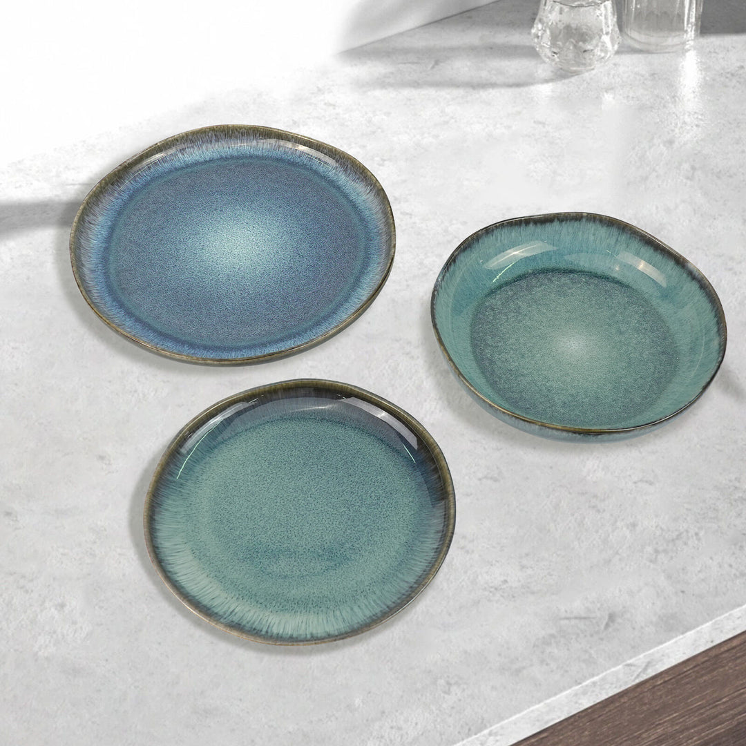 3 Pieces Reactive Glazed Ceramic Organic Fine Dinner Set with Plate and Bowl EARTHY AQUA