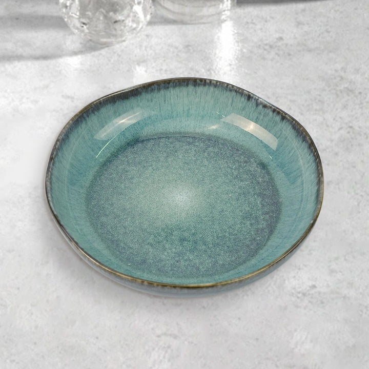 3 Pieces Reactive Glazed Ceramic Organic Fine Dinner Set with Plate and Bowl EARTHY AQUA