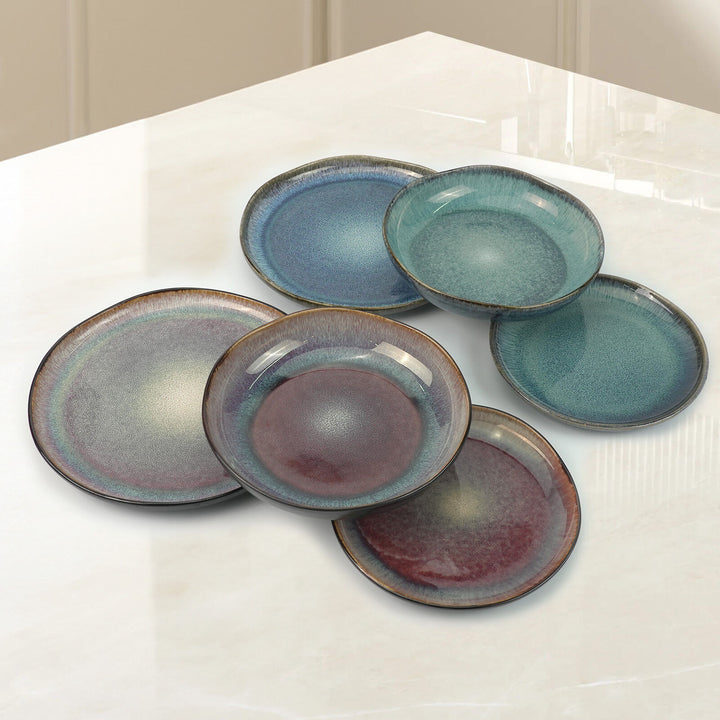 3 Pieces Reactive Glazed Ceramic Organic Fine Dinner Set with Plate and Bowl EARTHY AQUA