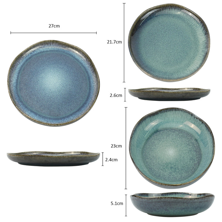 3 Pieces Reactive Glazed Ceramic Organic Fine Dinner Set with Plate and Bowl EARTHY AQUA