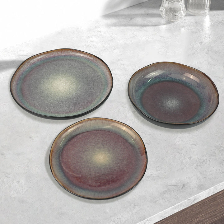 3 Pieces Reactive Glazed Ceramic Organic Fine Dinner Set with Plate and Bowl EARTHY BLUE BROWN