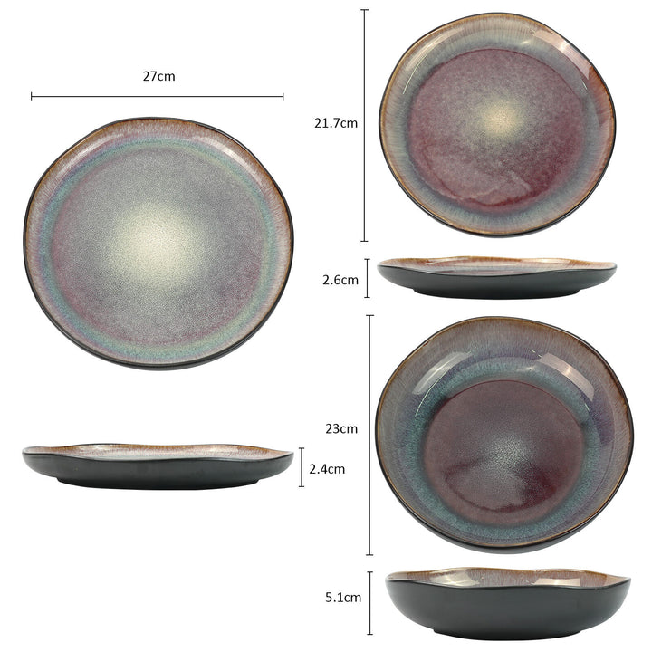 3 Pieces Reactive Glazed Ceramic Organic Fine Dinner Set with Plate and Bowl EARTHY BLUE BROWN