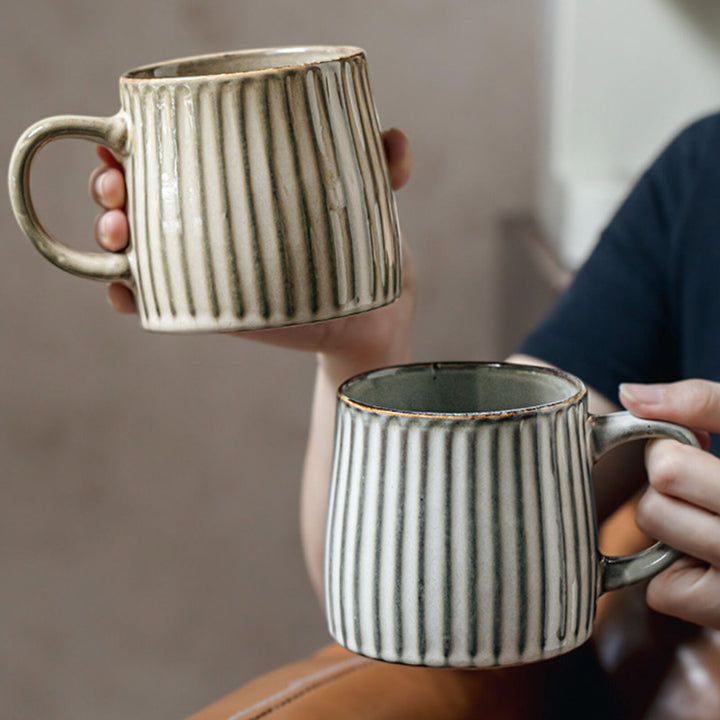 High-Fired Ceramic Stoneware Ribbed Stripe Mug 460ml Matt EARTHY GREY