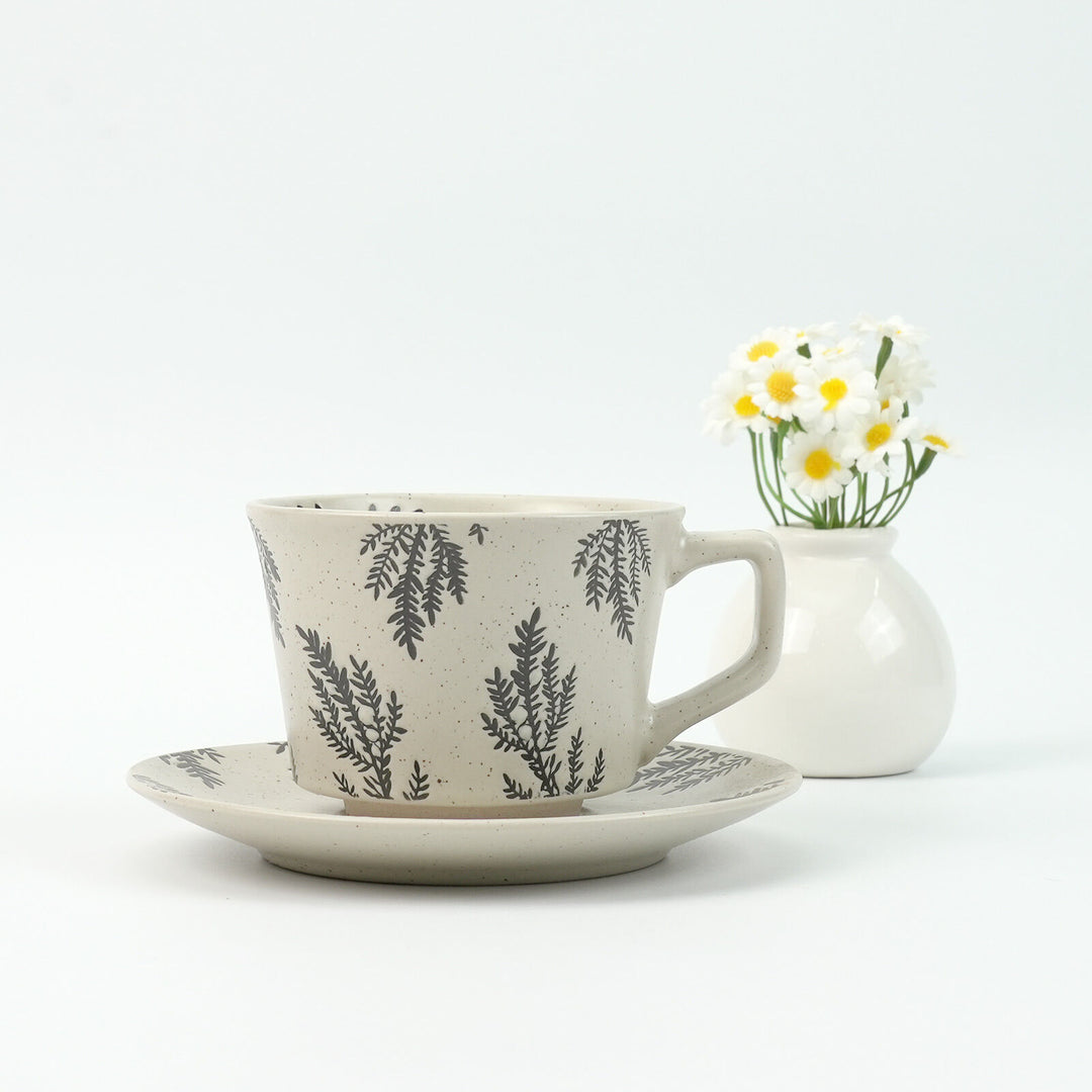 High-Fired Ceramic Stoneware Speckle Cup & Saucer Set 380ml Floral Tea Spoon EARTHY GREY