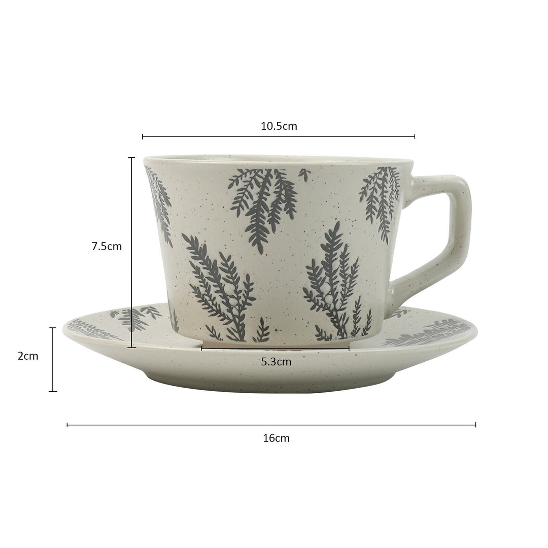 High-Fired Ceramic Stoneware Speckle Cup & Saucer Set 380ml Floral Tea Spoon EARTHY GREY