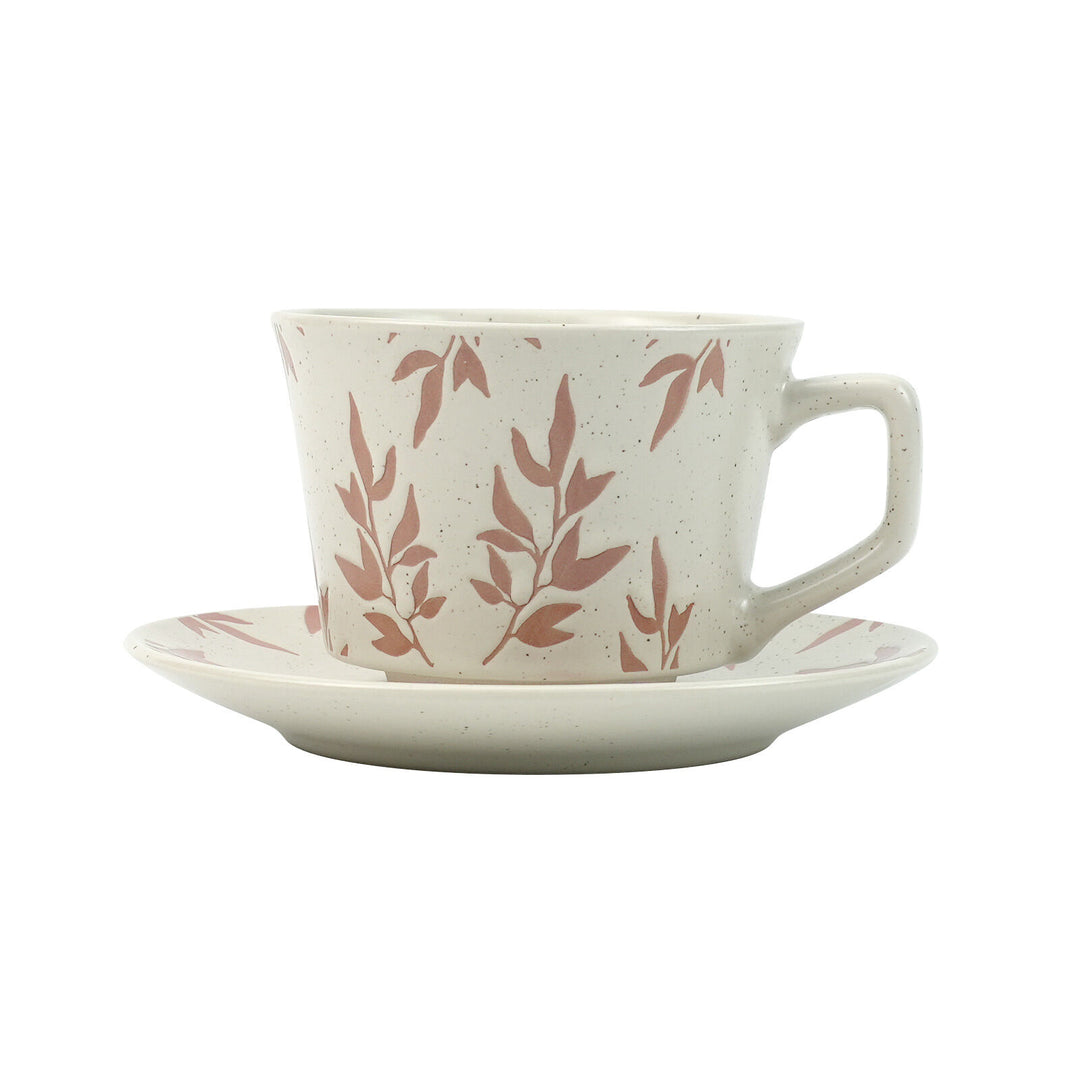 High-Fired Ceramic Stoneware Speckle Cup & Saucer Set 380ml Floral Tea Spoon EARTHY RED