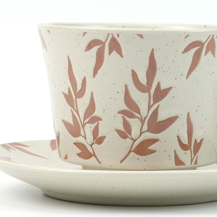 High-Fired Ceramic Stoneware Speckle Cup & Saucer Set 380ml Floral Tea Spoon EARTHY RED