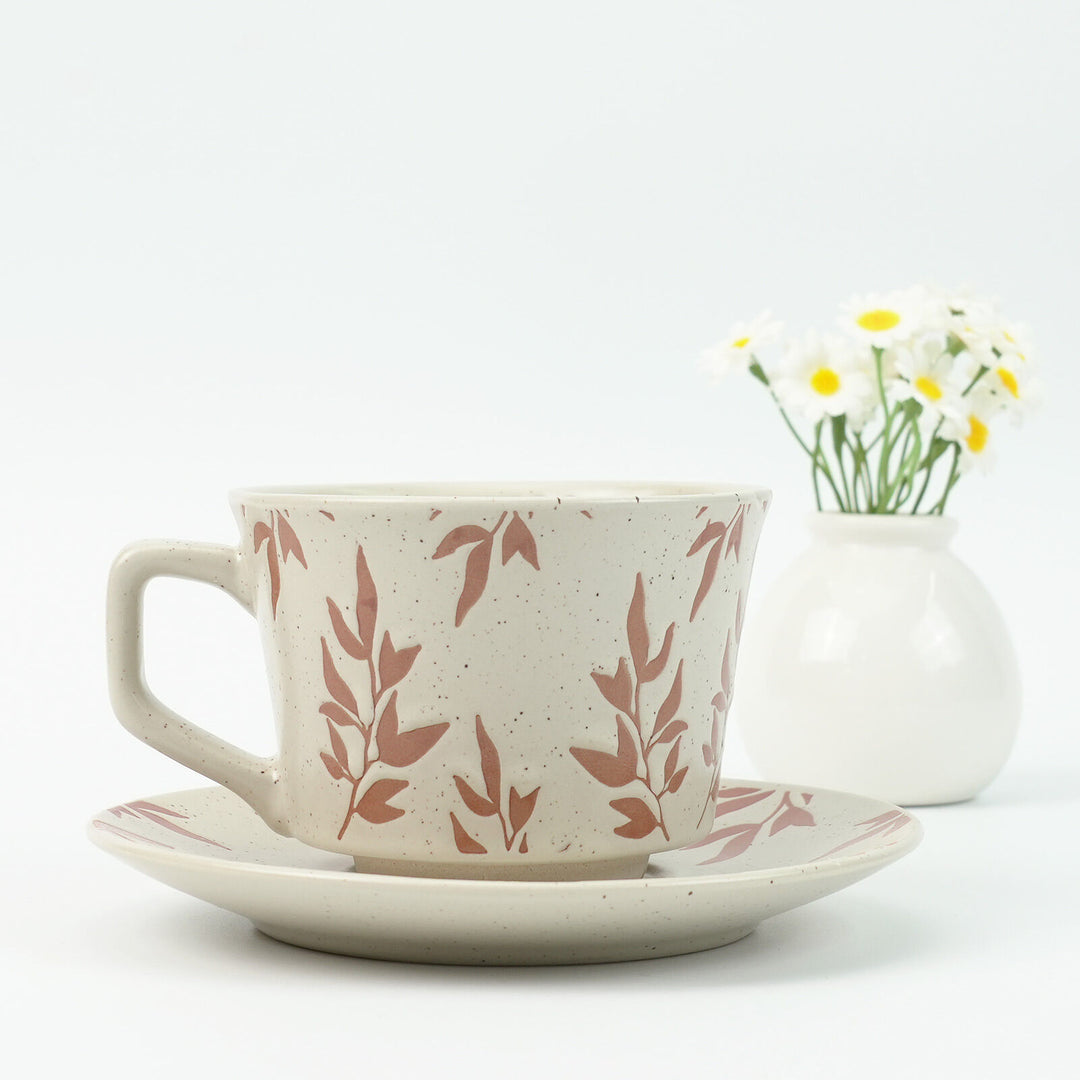 High-Fired Ceramic Stoneware Speckle Cup & Saucer Set 380ml Floral Tea Spoon EARTHY RED