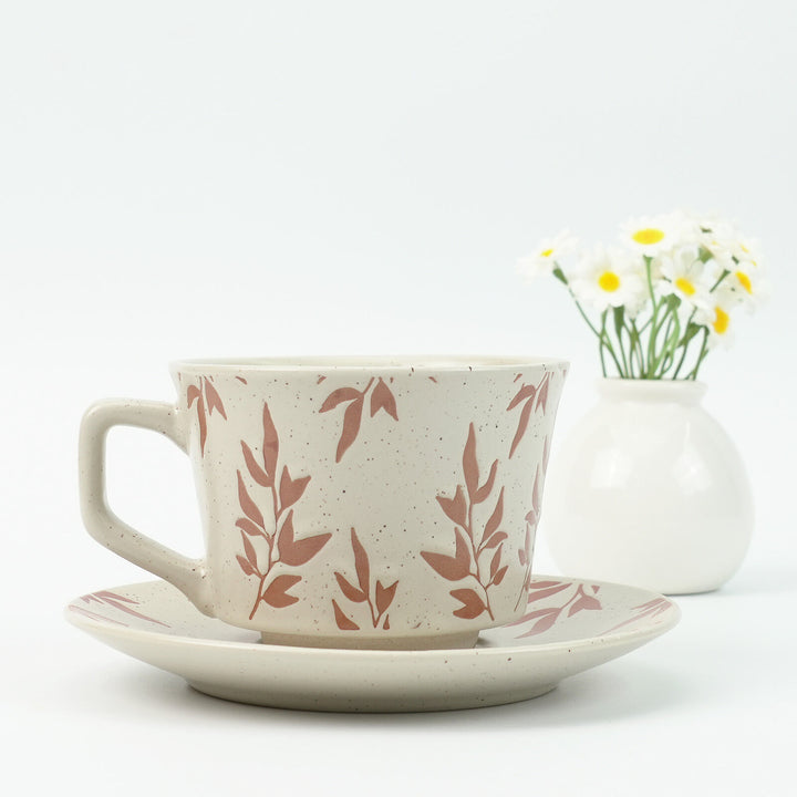 High-Fired Ceramic Stoneware Speckle Cup & Saucer Set 380ml Floral Tea Spoon EARTHY RED