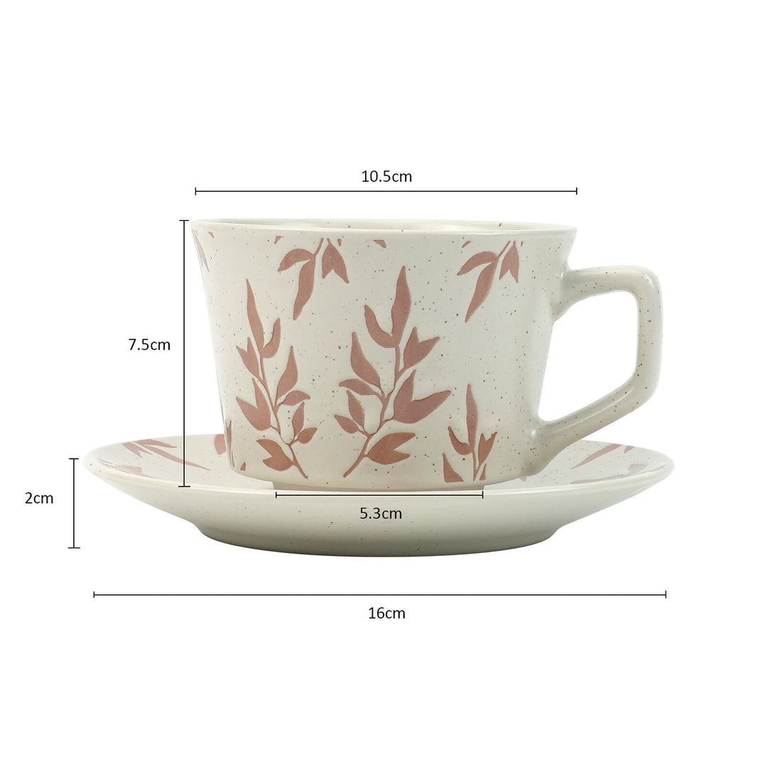 High-Fired Ceramic Stoneware Speckle Cup & Saucer Set 380ml Floral Tea Spoon EARTHY RED