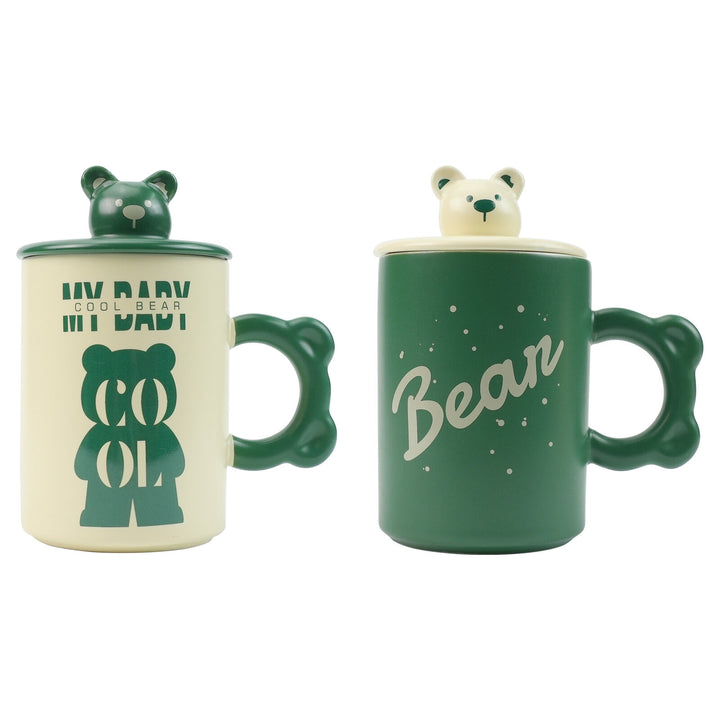 2X High-Fired Ceramic Porcelain Mug Set with Lid 400ml Bear w Tea Spoon GREEN