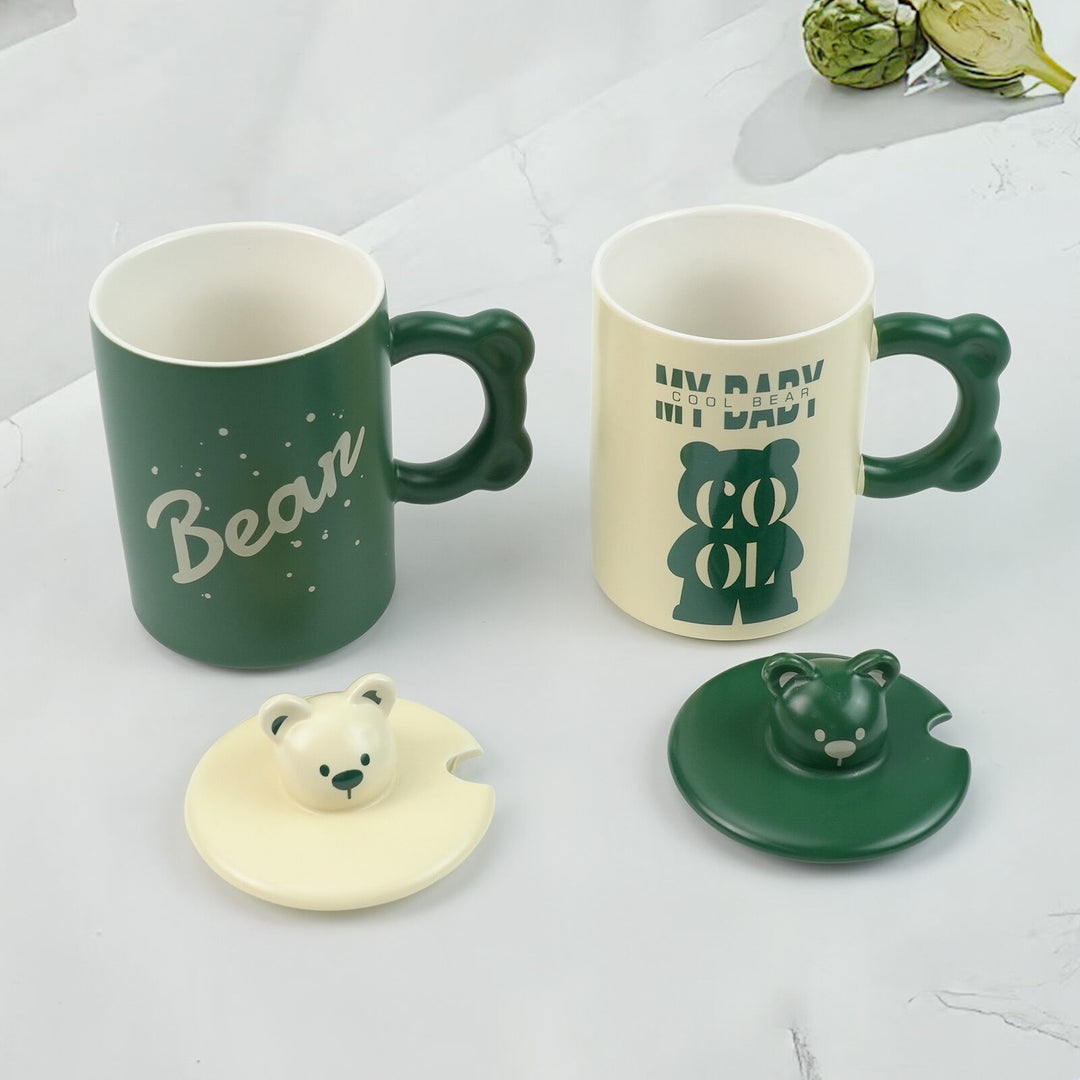 2X High-Fired Ceramic Porcelain Mug Set with Lid 400ml Bear w Tea Spoon GREEN