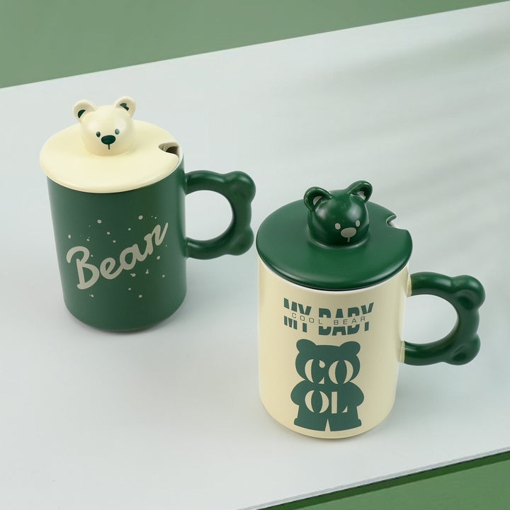 2X High-Fired Ceramic Porcelain Mug Set with Lid 400ml Bear w Tea Spoon GREEN