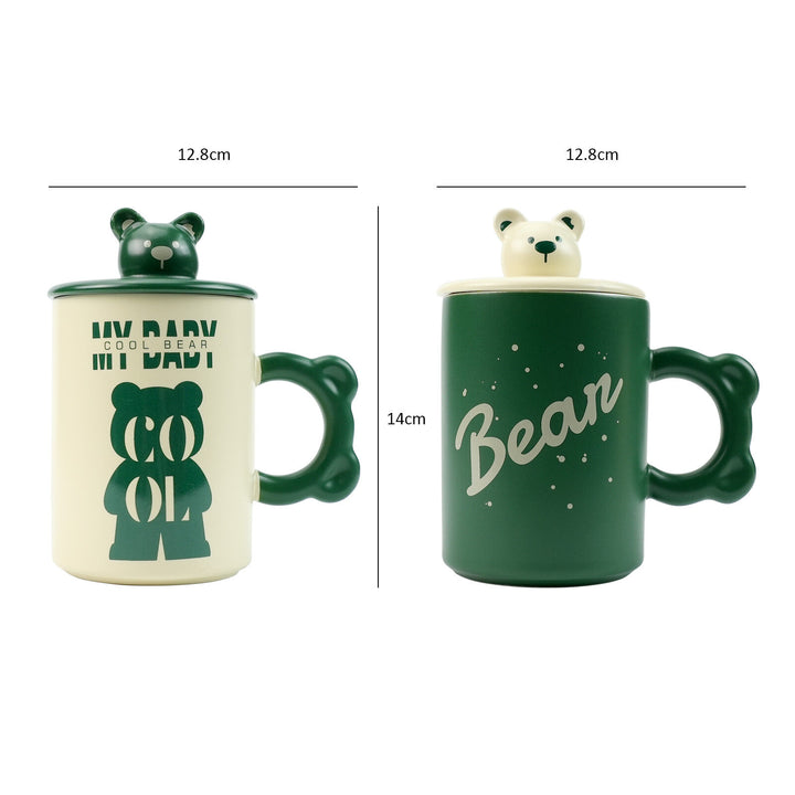 2X High-Fired Ceramic Porcelain Mug Set with Lid 400ml Bear w Tea Spoon GREEN